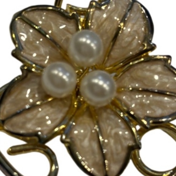 Vintage Brooch Ivory Enamel Pearl Gold Gilt MCM Estate Jewelry Flower Bud Pin - Picture 7 of 15